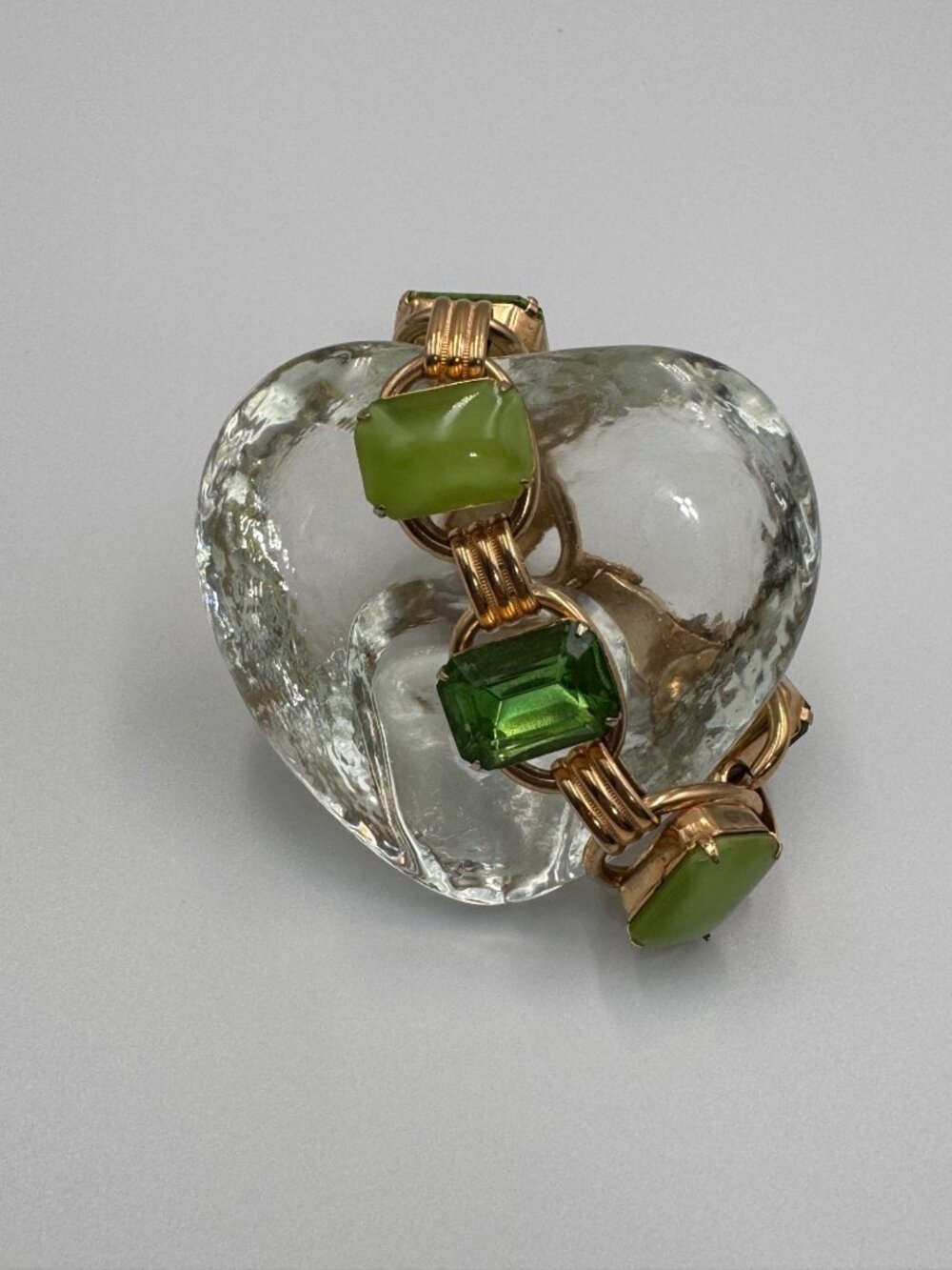 Vintage Green Glass 6 Link Bracelet Emerald Cut Cabochon Gold Tone Retro 6.5”